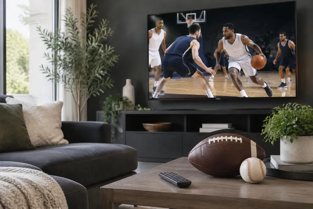 AI-generated illustration of basketball on a television, with an American football, baseball and remote in a living room.
