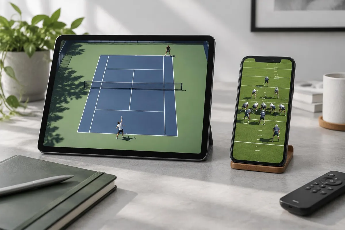 Tablet showing tennis and smartphone showing American football, illustrating device choices when comparing the best streaming service for sports